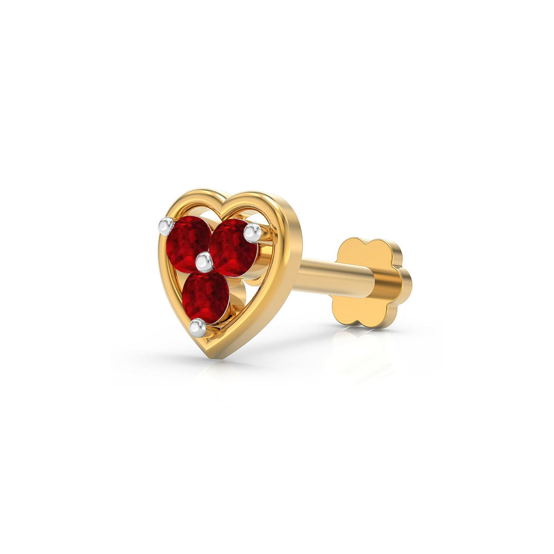 925 sterling silver gold plated Love Nose Pin with ruby red stone Main view#metal_gold-plated#stone-colour_ruby-red