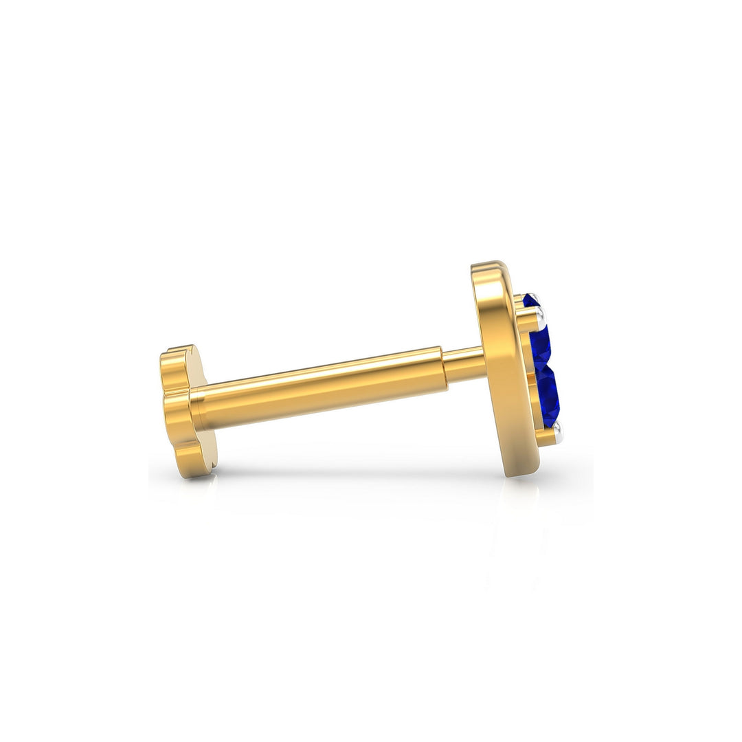 925 sterling silver gold plated Love Nose Pin with sapphire blue stone Side View#metal_gold-plated#stone-colour_sapphire-blue