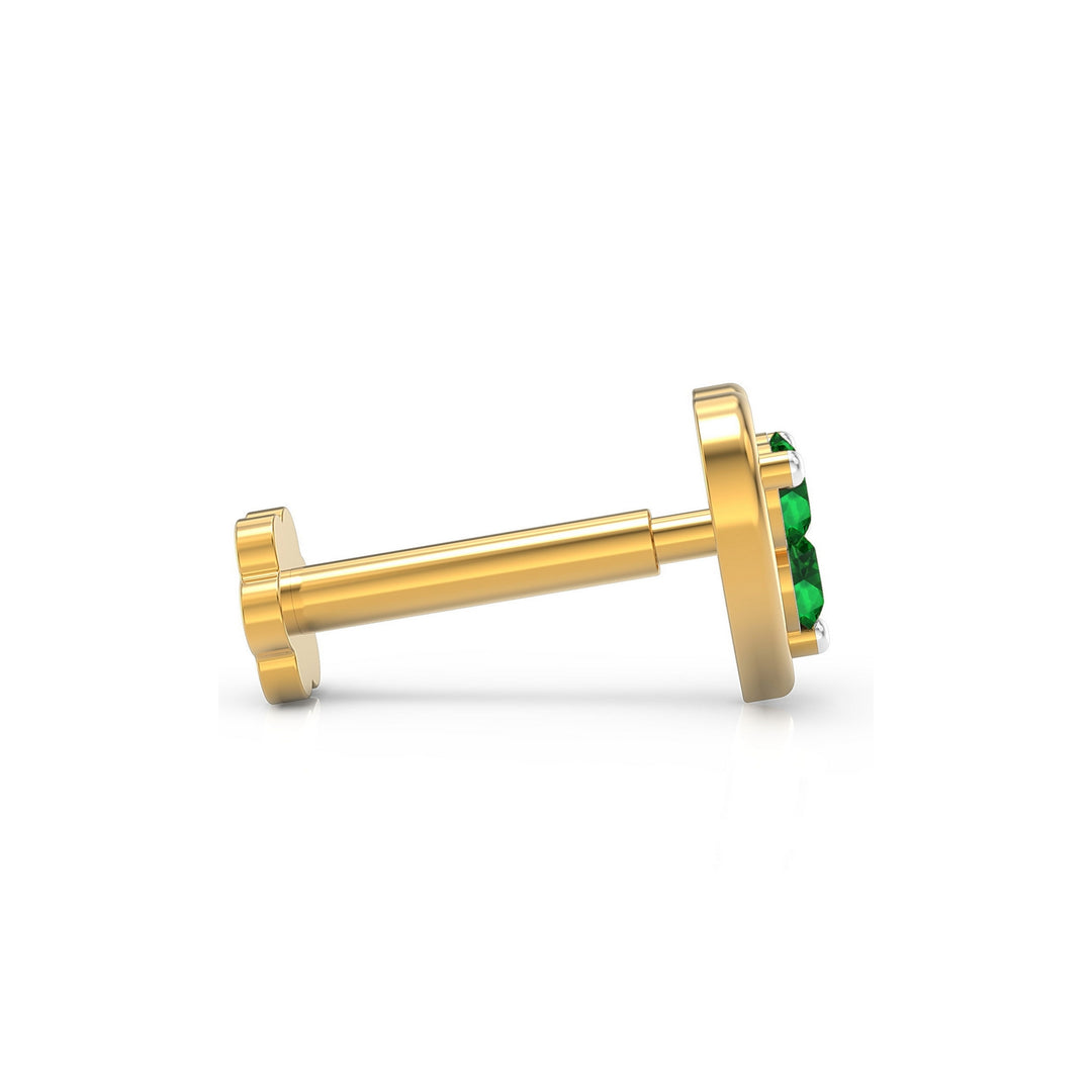 925 sterling silver gold plated Love Nose Pin with emerald green stone Side View#metal_gold-plated#stone-colour_emerald-green