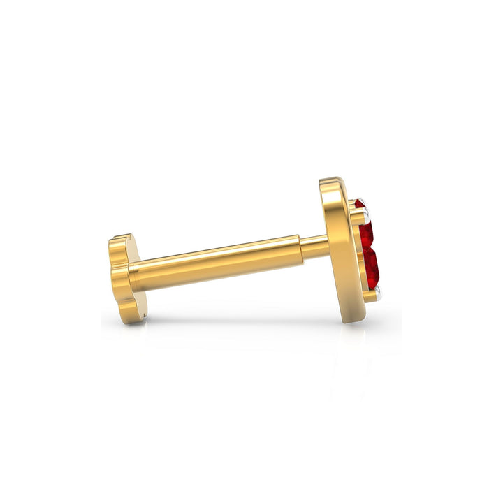 925 sterling silver gold plated Love Nose Pin with ruby red stone Side View#metal_gold-plated#stone-colour_ruby-red