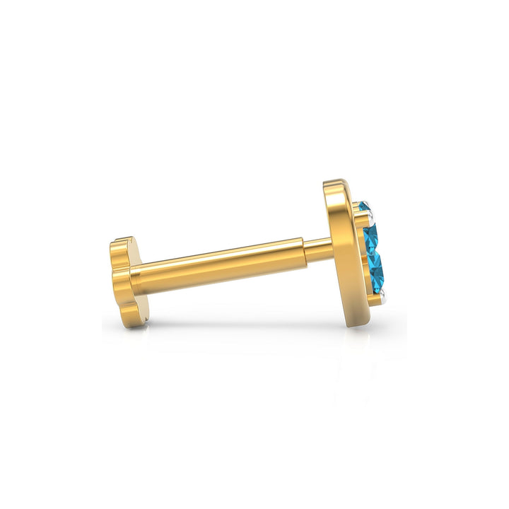 925 sterling silver gold plated Love Nose Pin with topaz blue stone Side View#metal_gold-plated#stone-colour_topaz-blue