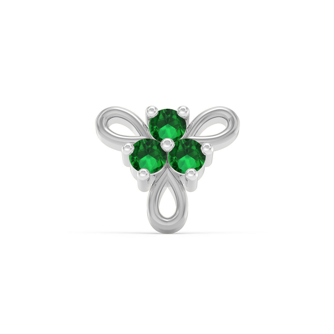 925 sterling silver Ribbon Nose Pin with emerald green stone Front view#metal_sterling-silver#stone-colour_emerald-green