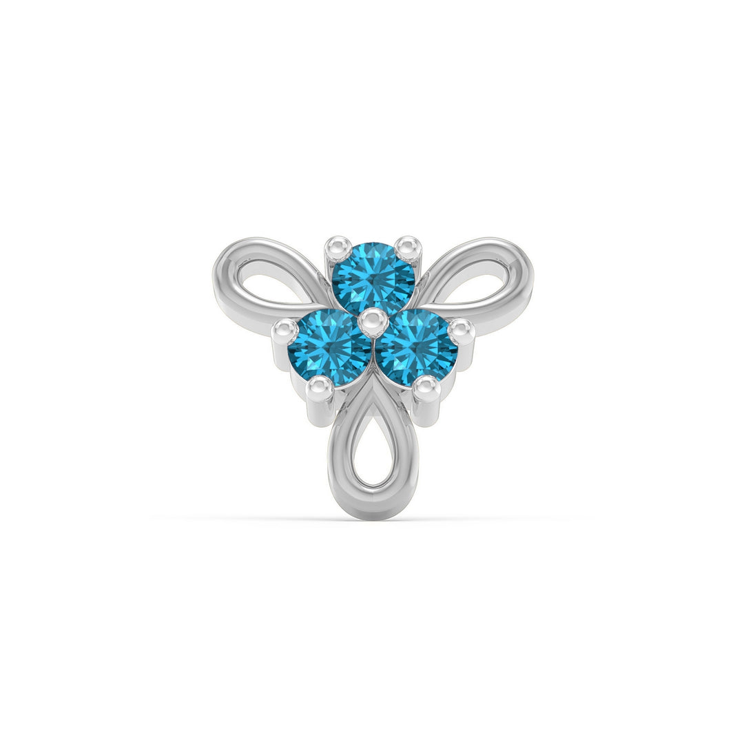 925 sterling silver Ribbon Nose Pin with topaz blue stone Front view#metal_sterling-silver#stone-colour_topaz-blue