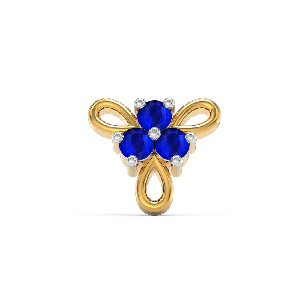 925 sterling silver gold plated Ribbon Nose Pin with sapphire blue stone Front view#metal_gold-plated#stone-colour_sapphire-blue