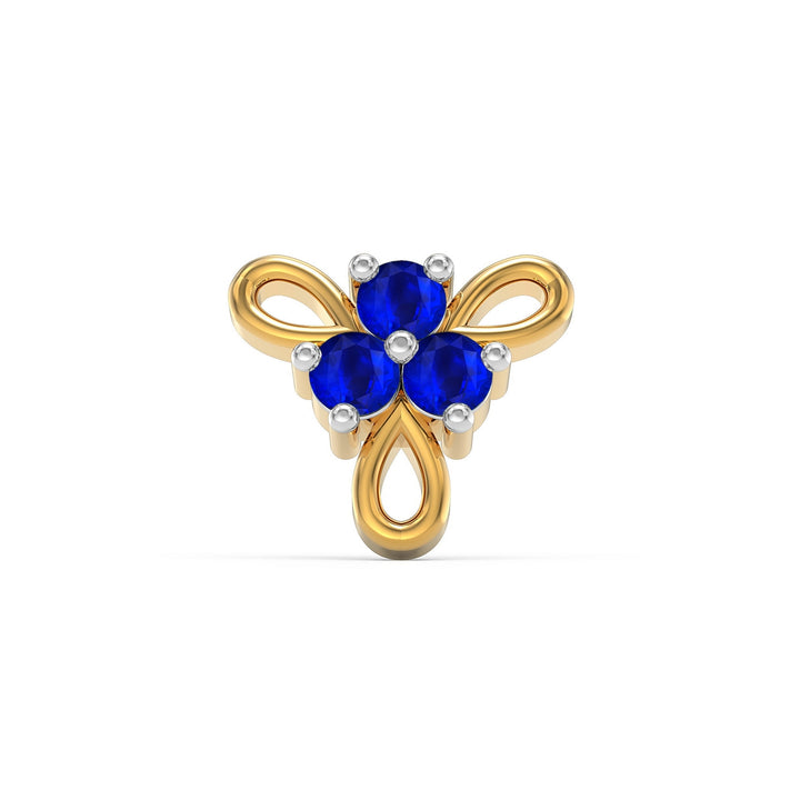 925 sterling silver gold plated Ribbon Nose Pin with sapphire blue stone Front view#metal_gold-plated#stone-colour_sapphire-blue