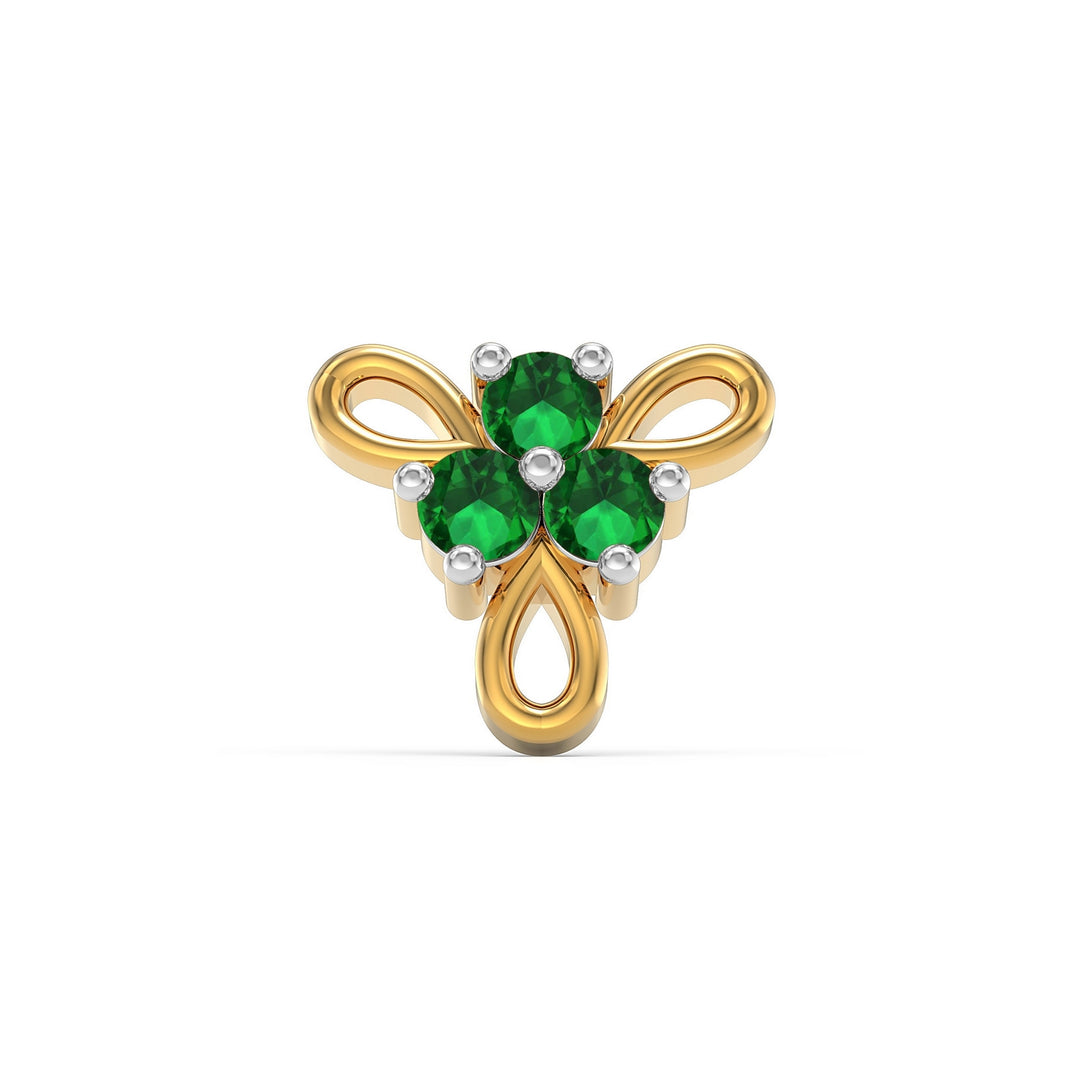 925 sterling silver gold plated Ribbon Nose Pin with emerald green stone Front view#metal_gold-plated#stone-colour_emerald-green