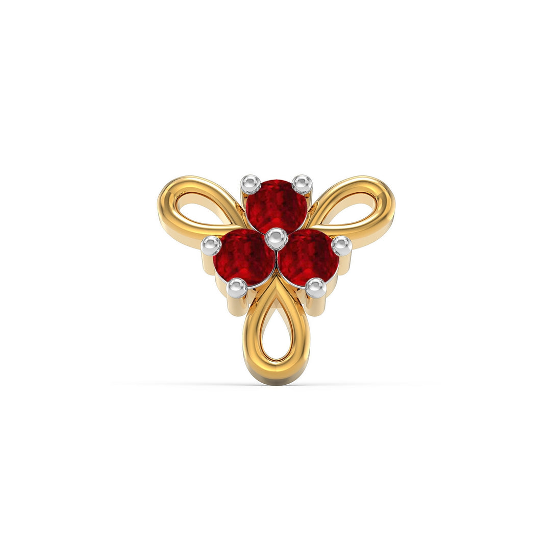 925 sterling silver gold plated Ribbon Nose Pin with ruby red stone Front view#metal_gold-plated#stone-colour_ruby-red