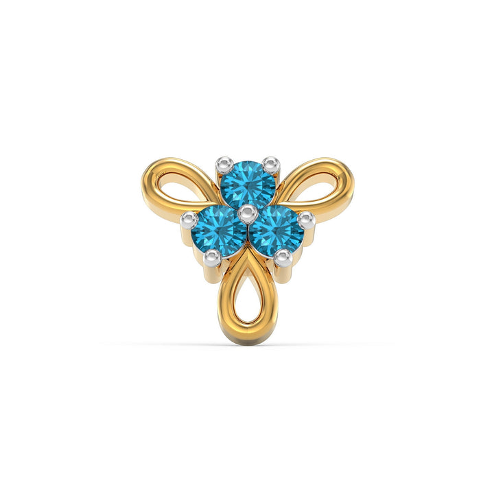 925 sterling silver gold plated Ribbon Nose Pin with topaz blue stone Front view#metal_gold-plated#stone-colour_topaz-blue