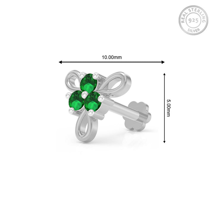 925 sterling silver Ribbon Nose Pin with emerald green stone Measurement#metal_sterling-silver#stone-colour_emerald-green