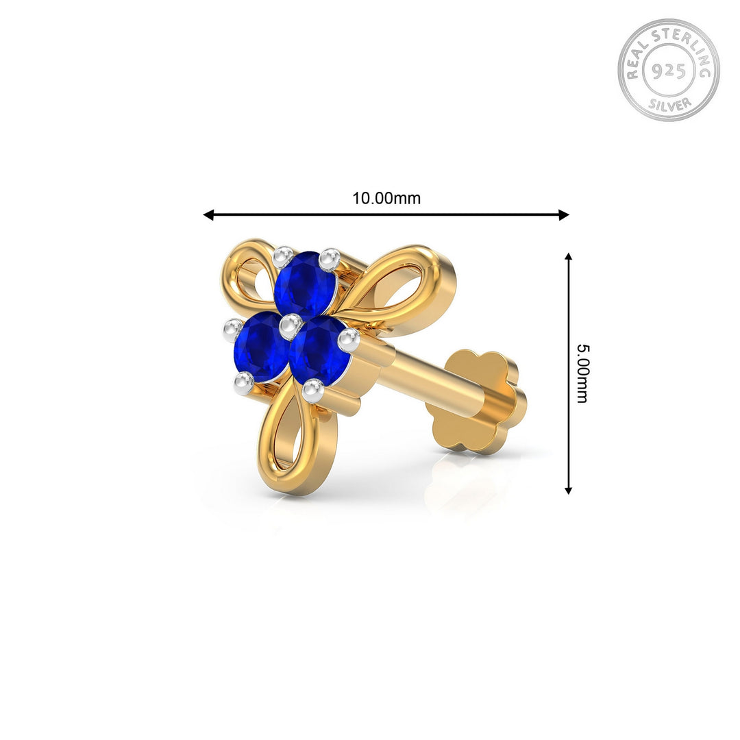 925 sterling silver gold plated Ribbon Nose Pin with sapphire blue stone Measurement#metal_gold-plated#stone-colour_sapphire-blue