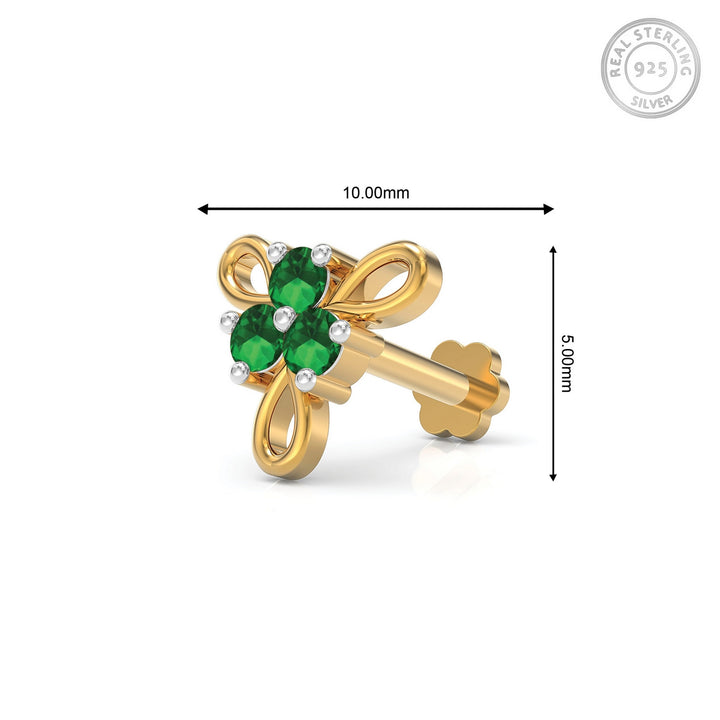 925 sterling silver gold plated Ribbon Nose Pin with emerald green stone Measurement#metal_gold-plated#stone-colour_emerald-green