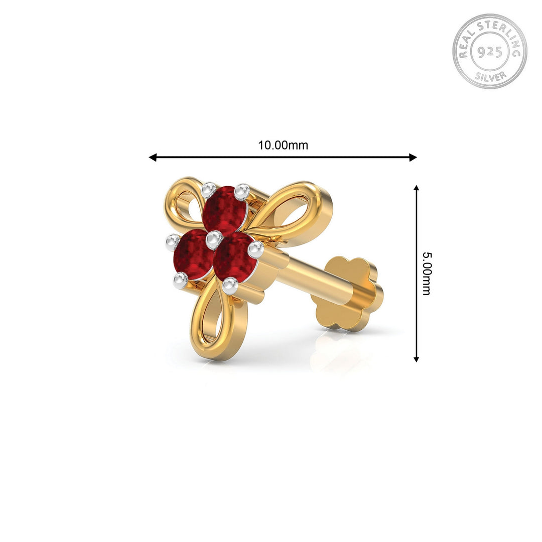 925 sterling silver gold plated Ribbon Nose Pin with ruby red stone Measurement#metal_gold-plated#stone-colour_ruby-red