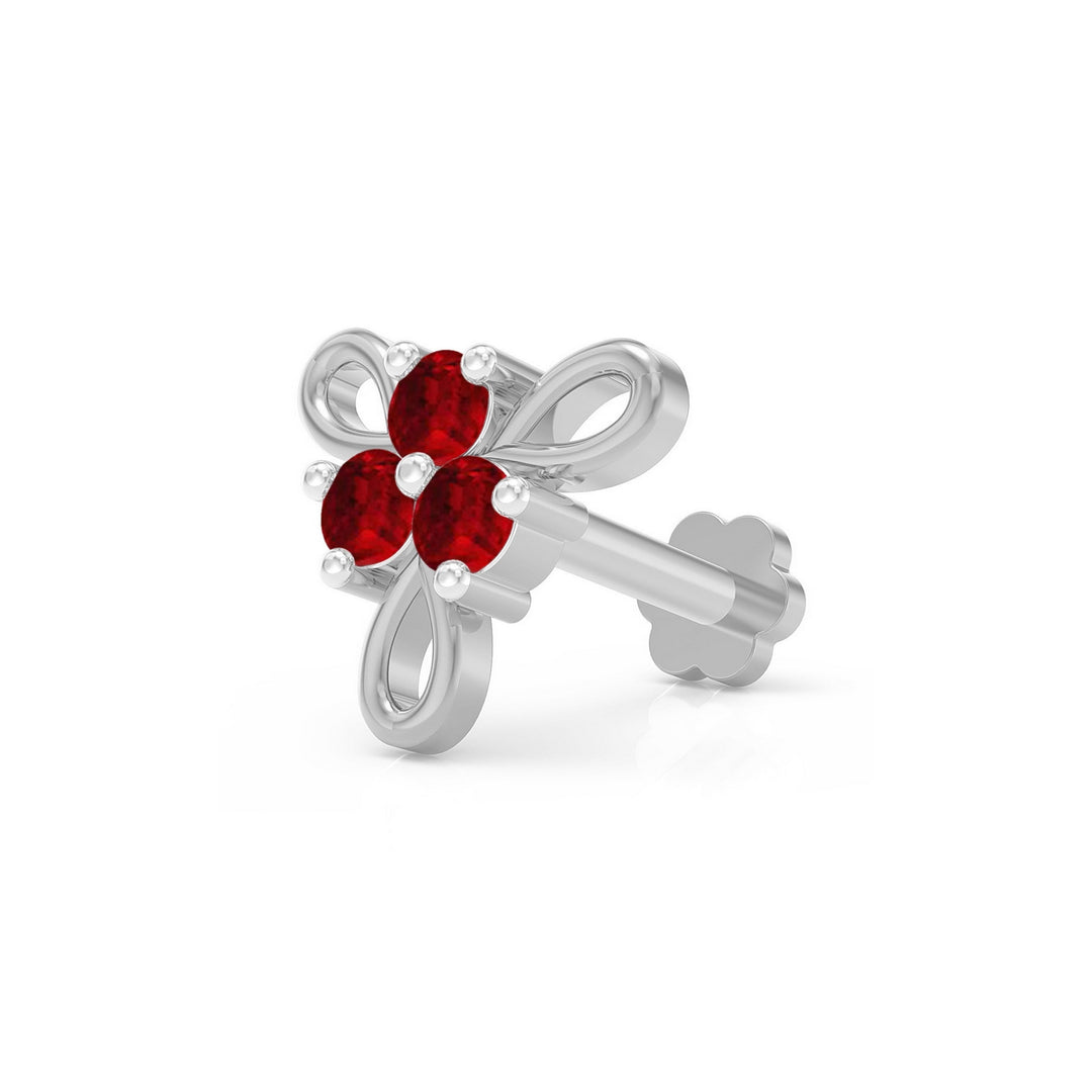 925 sterling silver Ribbon Nose Pin with ruby red stone Main view#metal_sterling-silver#stone-colour_ruby-red