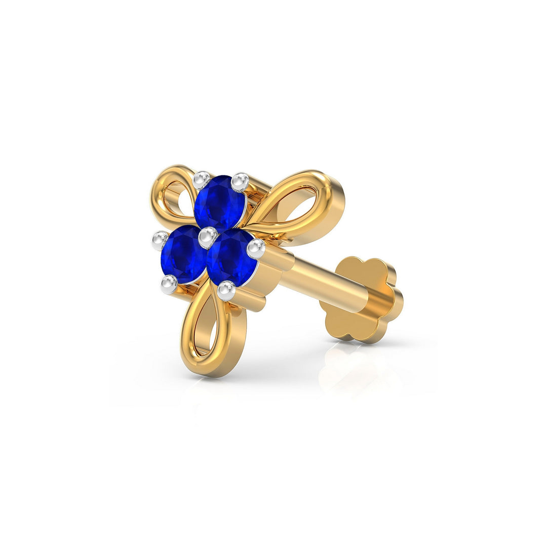 925 sterling silver gold plated Ribbon Nose Pin with sapphire blue stone Main view#metal_gold-plated#stone-colour_sapphire-blue