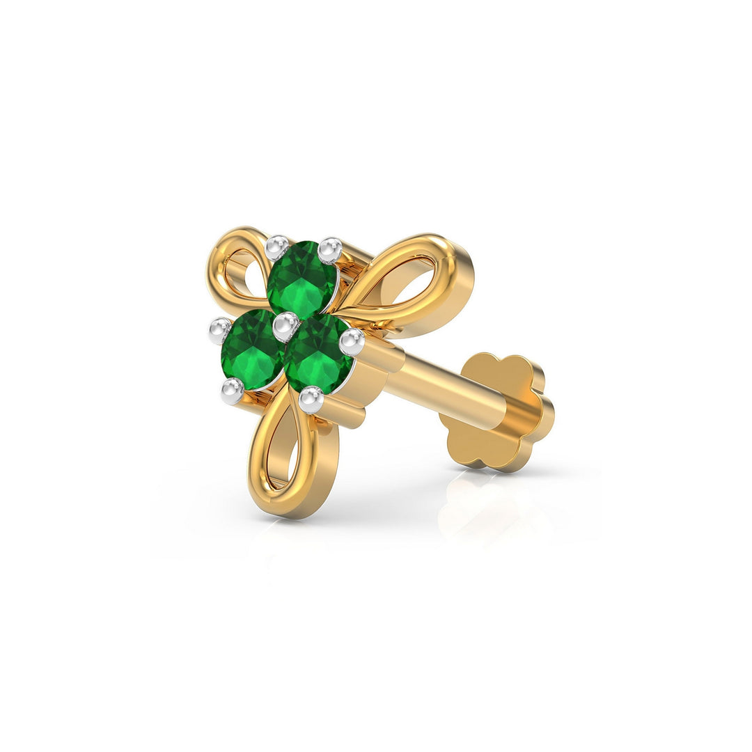 925 sterling silver gold plated Ribbon Nose Pin with emerald green stone Main view#metal_gold-plated#stone-colour_emerald-green