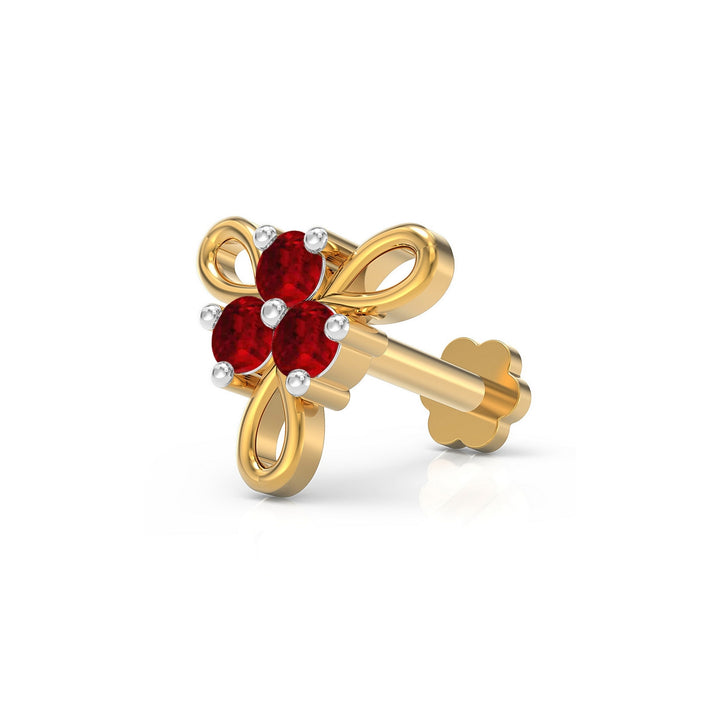 925 sterling silver gold plated Ribbon Nose Pin with ruby red stone Main view#metal_gold-plated#stone-colour_ruby-red