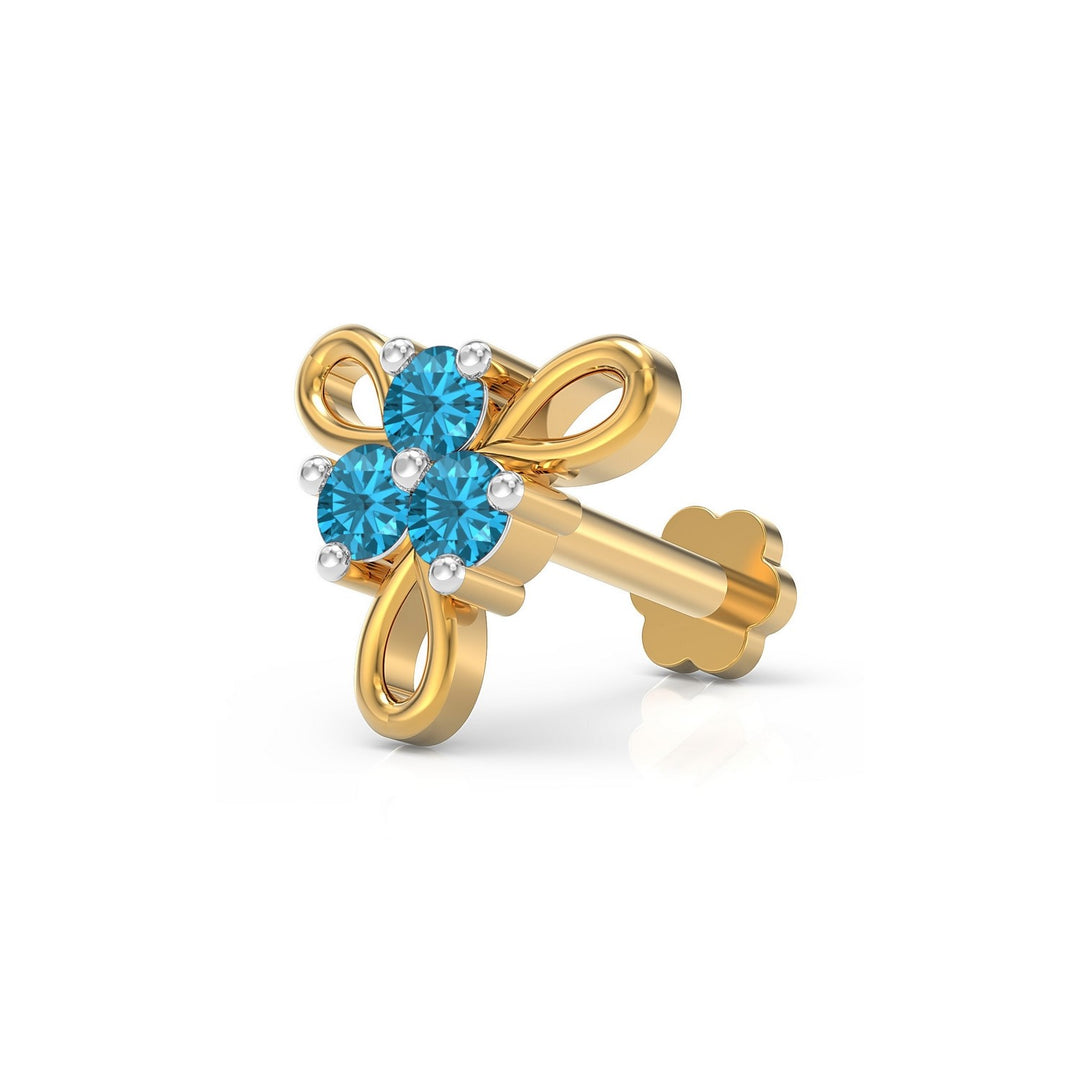 925 sterling silver gold plated Ribbon Nose Pin with topaz blue stone Main view#metal_gold-plated#stone-colour_topaz-blue