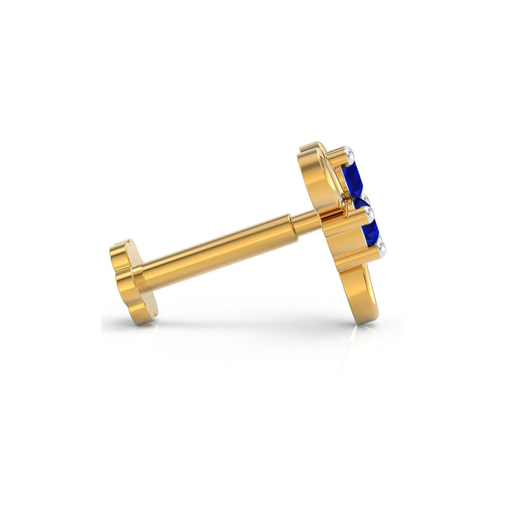 925 sterling silver gold plated Ribbon Nose Pin with sapphire blue stone Side View#metal_gold-plated#stone-colour_sapphire-blue