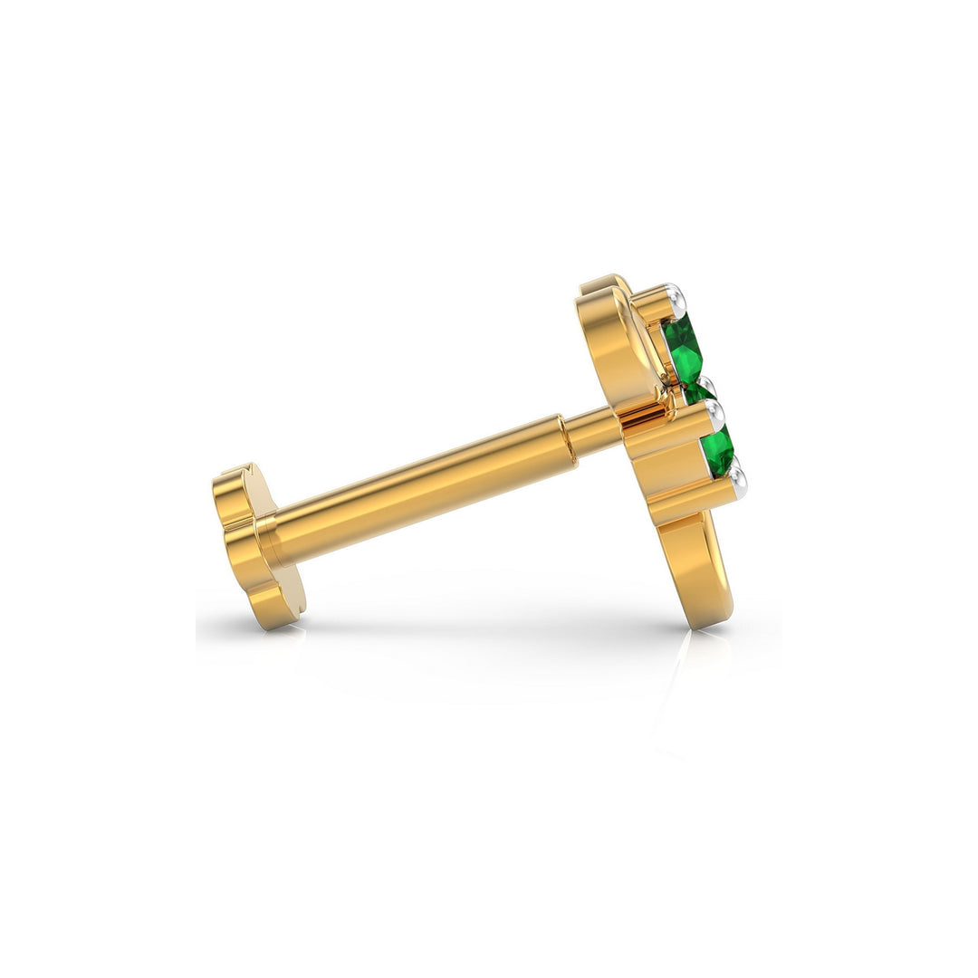 925 sterling silver gold plated Ribbon Nose Pin with emerald green stone Side View#metal_gold-plated#stone-colour_emerald-green