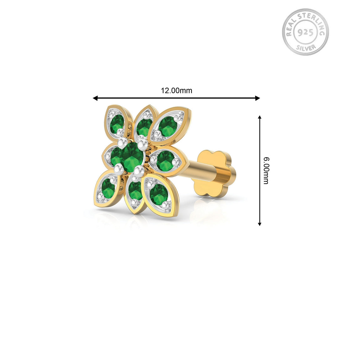 925 sterling silver gold plated Octave Nose Pin with emerald green stone Measurement#metal_gold-plated#stone-colour_emerald-green