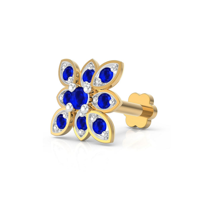 925 sterling silver gold plated Octave Nose Pin with sapphire blue stone Main view#metal_gold-plated#stone-colour_sapphire-blue