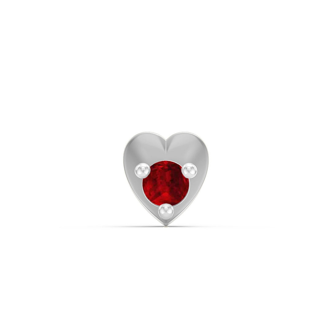 925 sterling silver Lustrous Heart Nose Pin with ruby red stone Front view#metal_sterling-silver#stone-colour_ruby-red