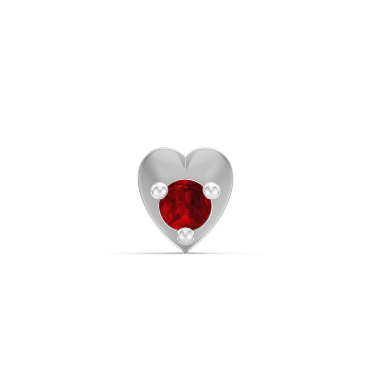 925 sterling silver Lustrous Heart Nose Pin with ruby red stone Front view#metal_sterling-silver#stone-colour_ruby-red