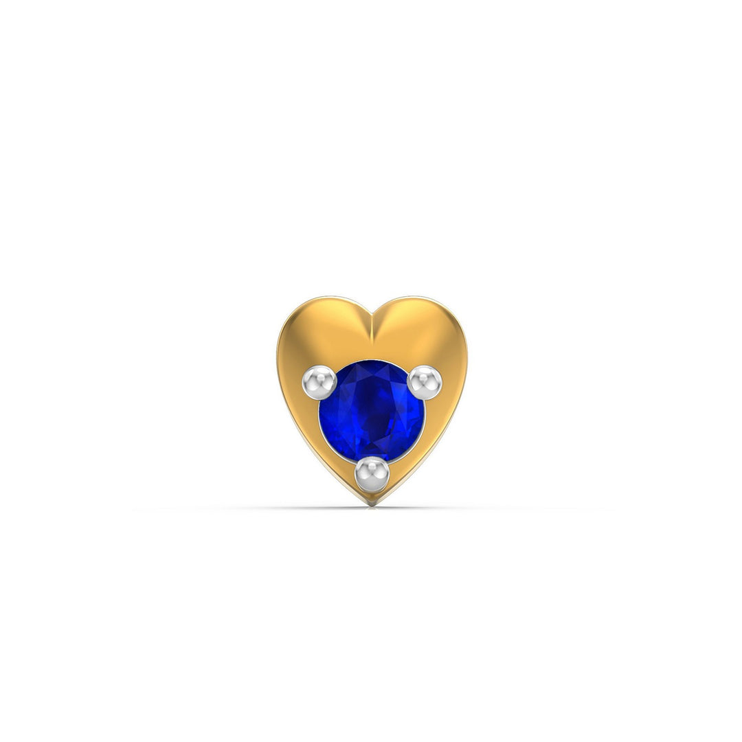 925 sterling silver gold plated Lustrous Heart Nose Pin with sapphire blue stone Front view#metal_gold-plated#stone-colour_sapphire-blue