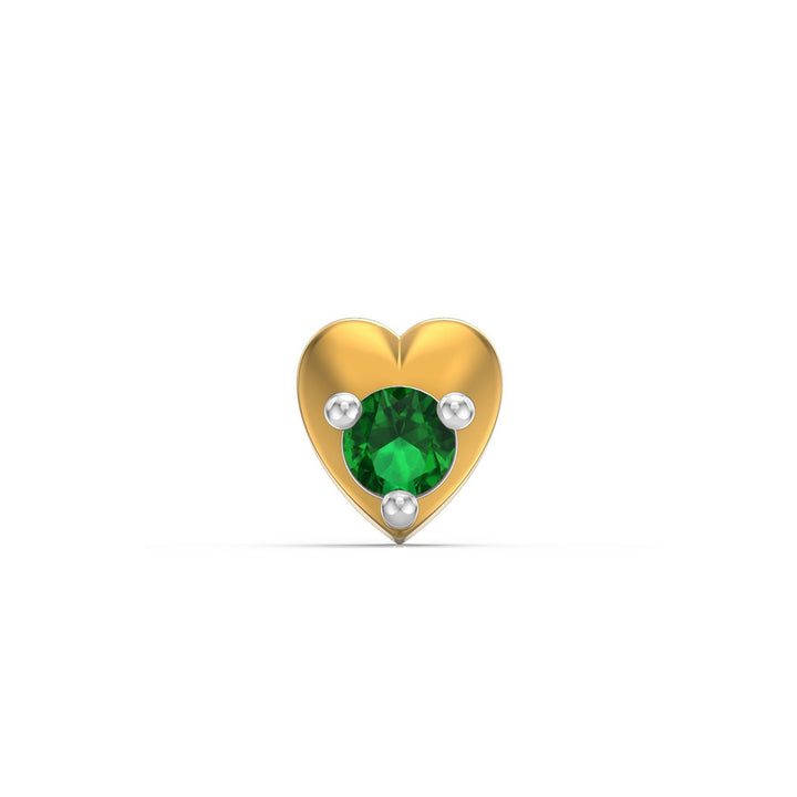 925 sterling silver gold plated Lustrous Heart Nose Pin with emerald green stone Front view#metal_gold-plated#stone-colour_emerald-green