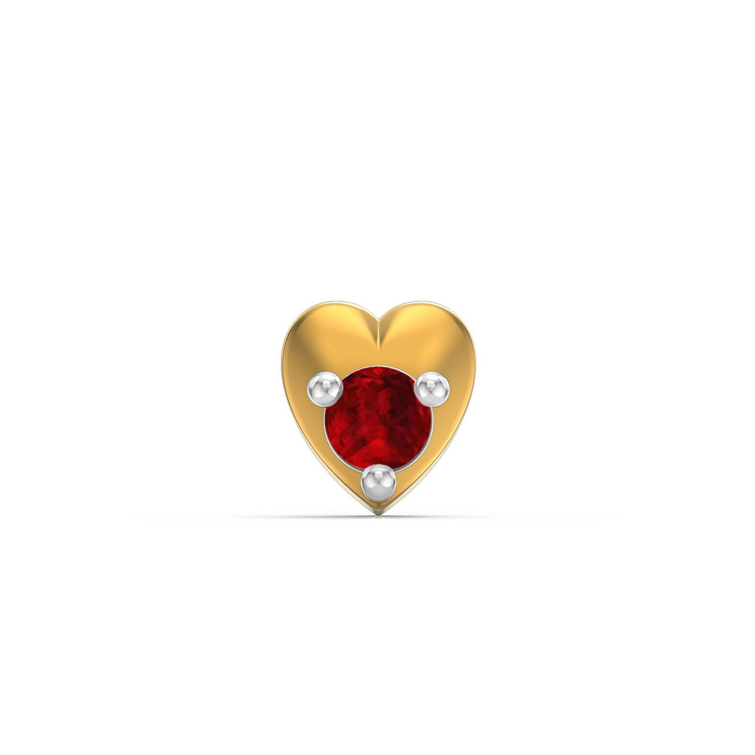 925 sterling silver gold plated Lustrous Heart Nose Pin with ruby red stone Front view#metal_gold-plated#stone-colour_ruby-red