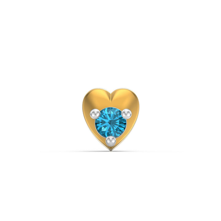 925 sterling silver gold plated Lustrous Heart Nose Pin with topaz blue stone Front view#metal_gold-plated#stone-colour_topaz-blue