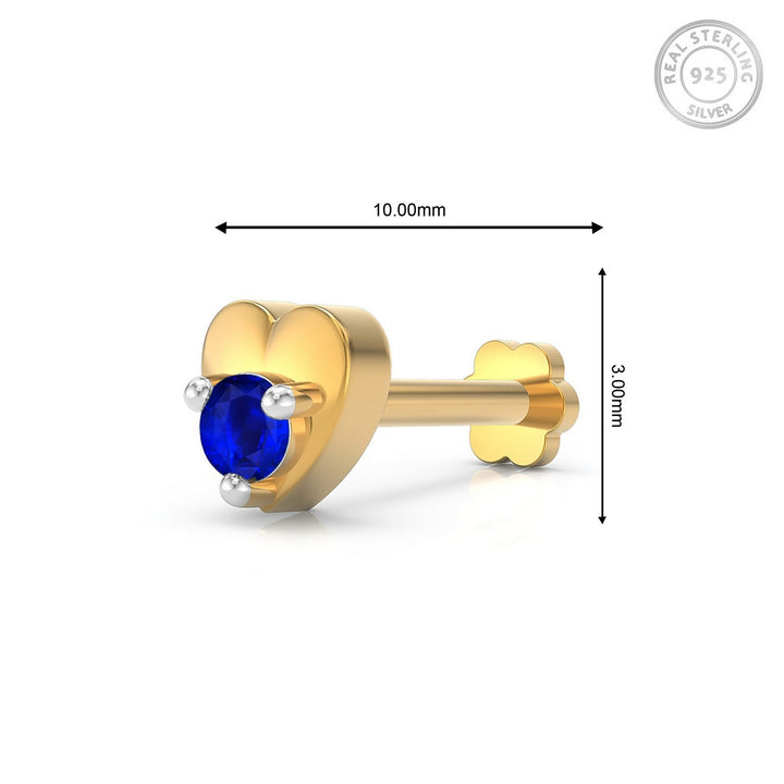 925 sterling silver gold plated Lustrous Heart Nose Pin with sapphire blue stone Measurement#metal_gold-plated#stone-colour_sapphire-blue