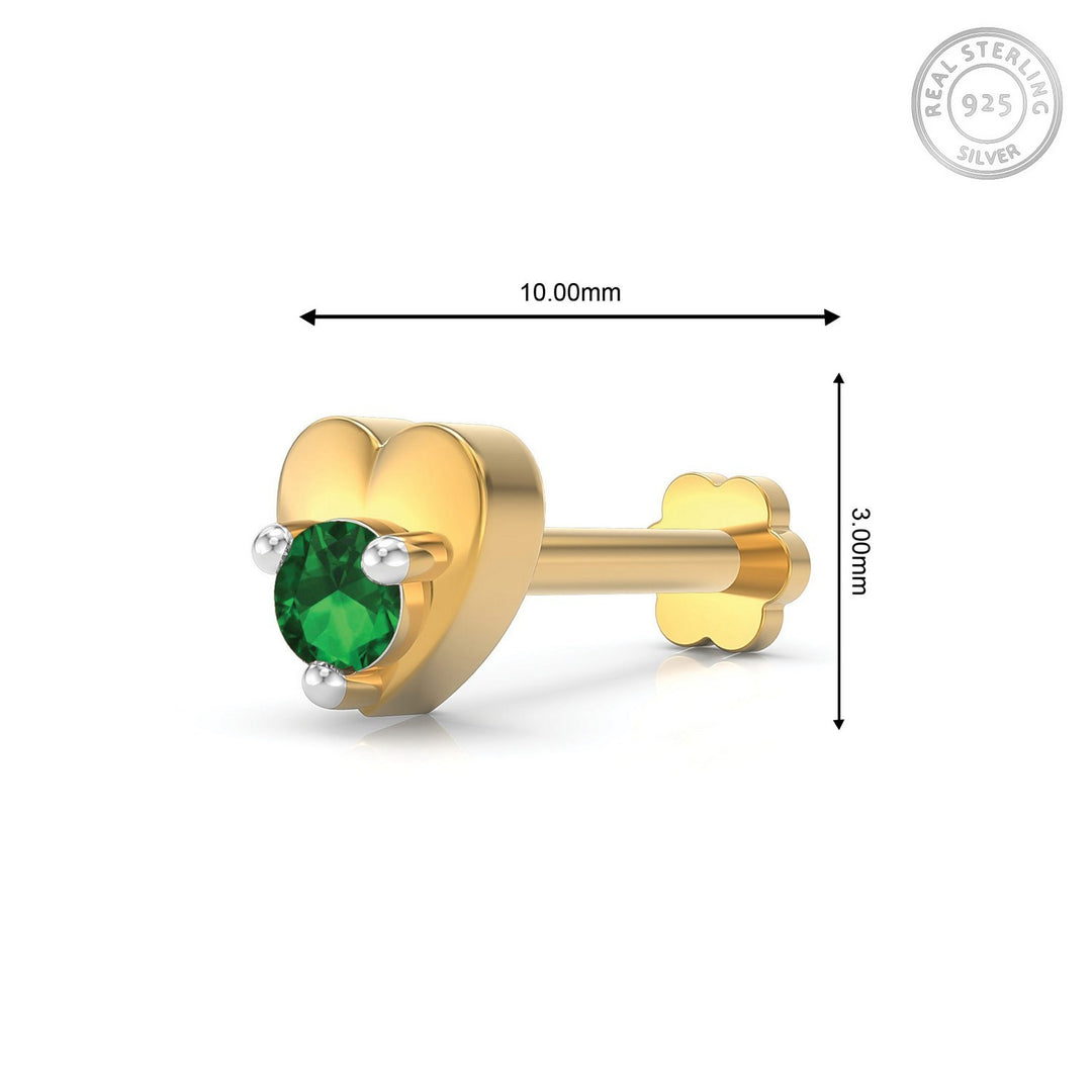 925 sterling silver gold plated Lustrous Heart Nose Pin with emerald green stone Measurement#metal_gold-plated#stone-colour_emerald-green