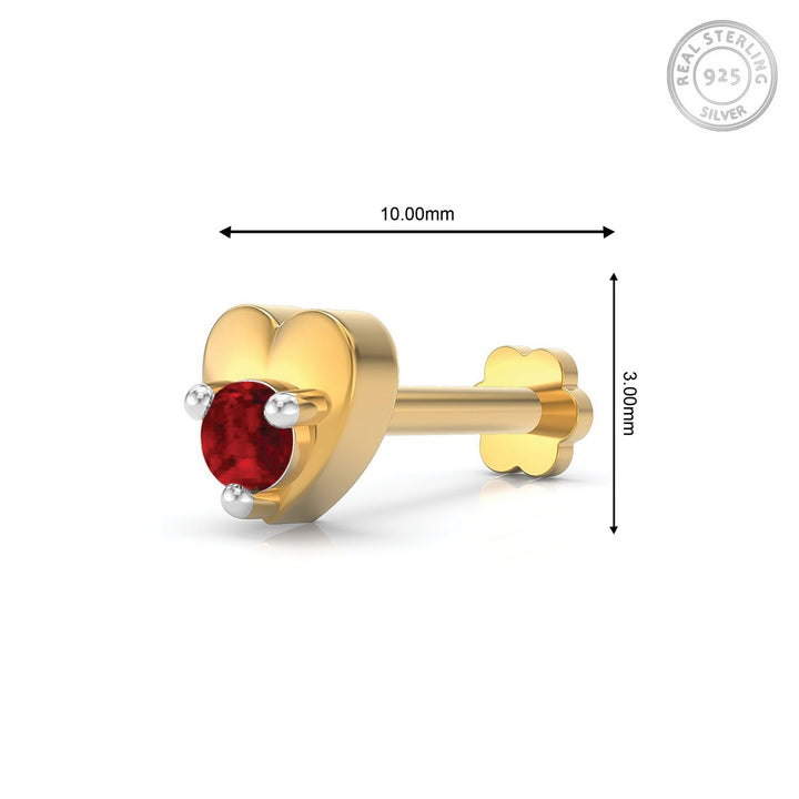 925 sterling silver gold plated Lustrous Heart Nose Pin with ruby red stone Measurement#metal_gold-plated#stone-colour_ruby-red