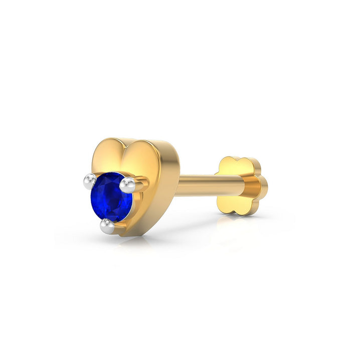 925 sterling silver gold plated Lustrous Heart Nose Pin with sapphire blue stone Main view#metal_gold-plated#stone-colour_sapphire-blue