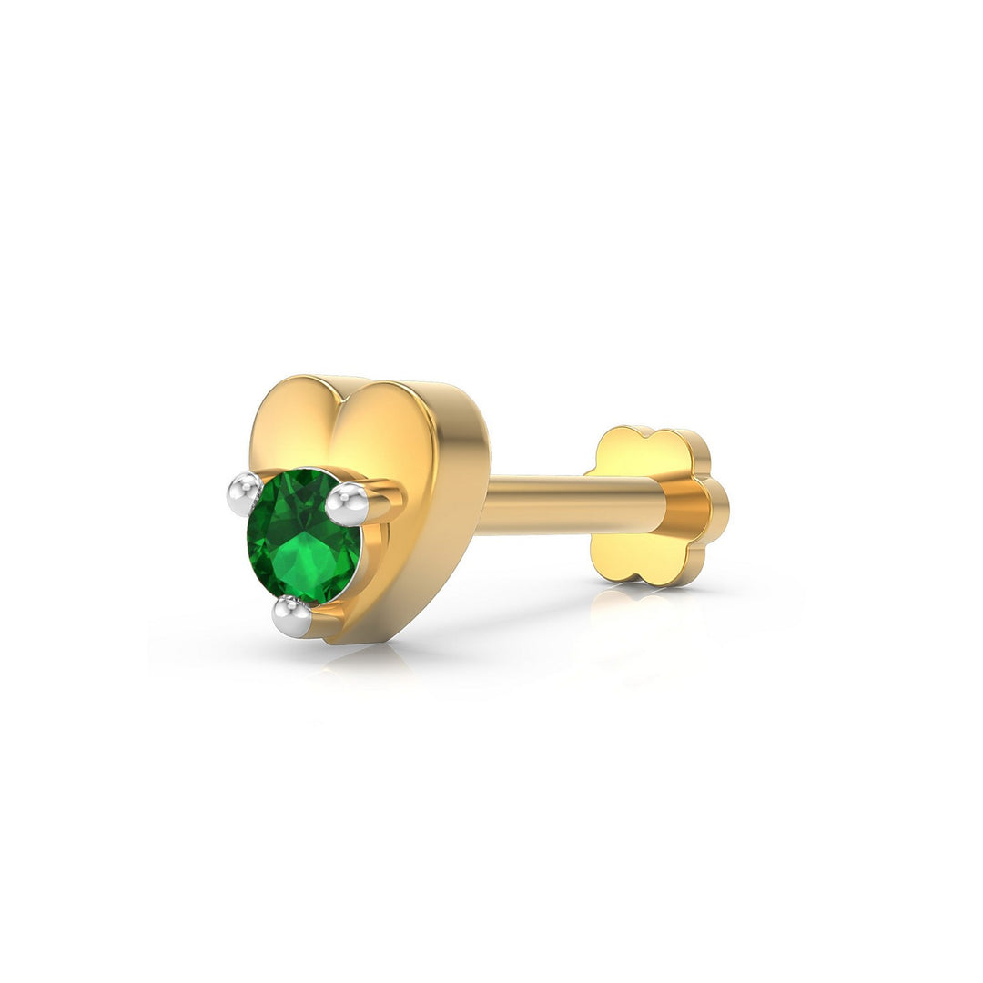 925 sterling silver gold plated Lustrous Heart Nose Pin with emerald green stone Main view#metal_gold-plated#stone-colour_emerald-green