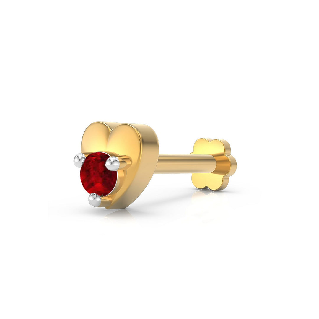 925 sterling silver gold plated Lustrous Heart Nose Pin with ruby red stone Main view#metal_gold-plated#stone-colour_ruby-red